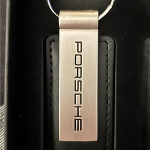 Porsche Black Leather and Silver Keychain fob ring